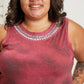 Vocal Finest Hour Acid Wash Rhinestone Neckline Tank in Wine -