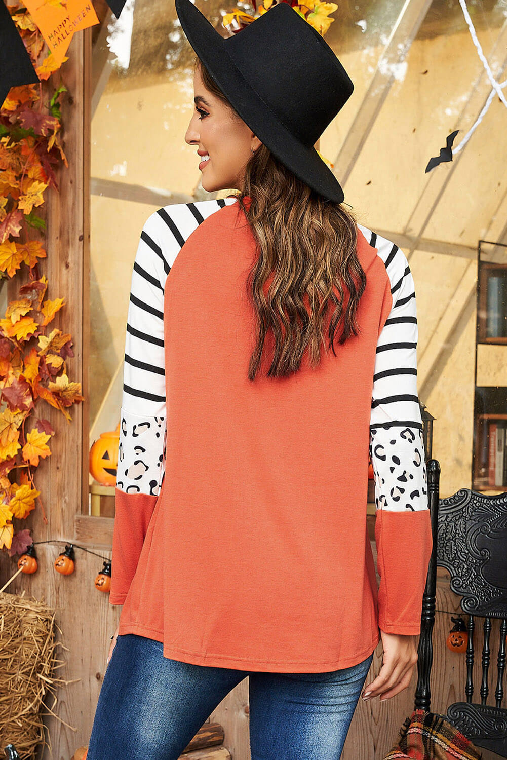 Halloween Graphic Mixed Print Raglan Sleeve Top -