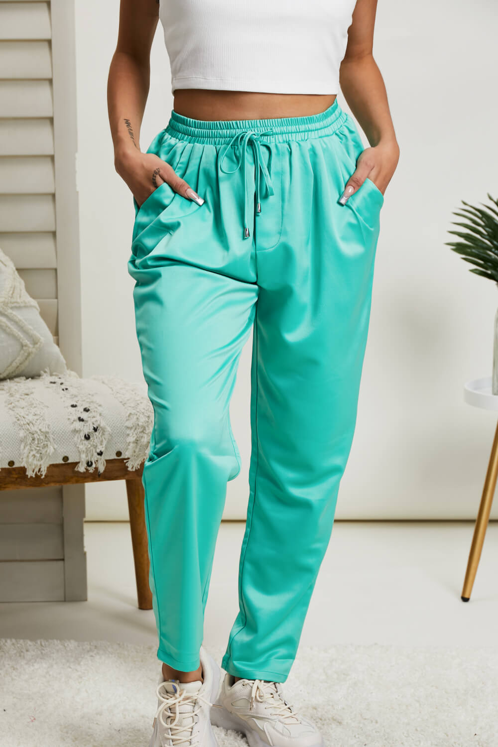 Glam A Little Bit of Luxe Satin Drawstring Pants in Mint - Mint / S