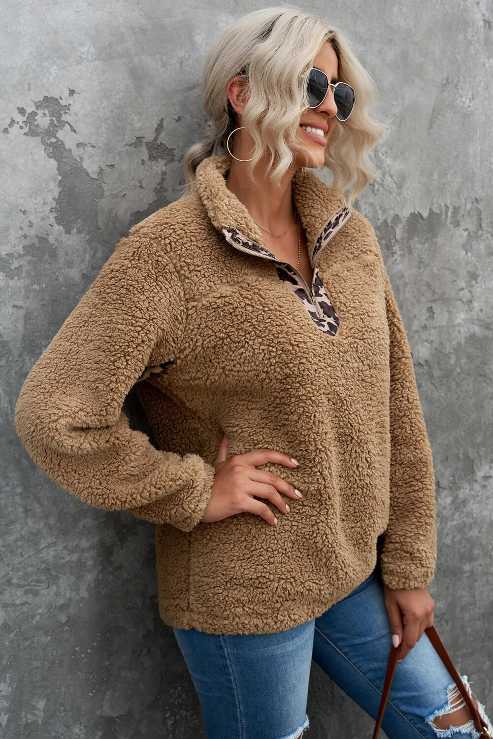 Animal Print Quarter-Zip Sherpa Sweatshirt -