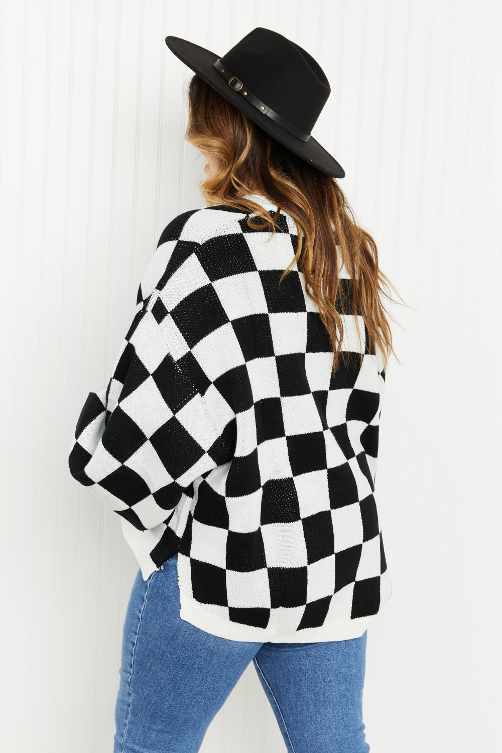 Davi & Dani Reality Check Full Size Checkered V-Neck Sweater -