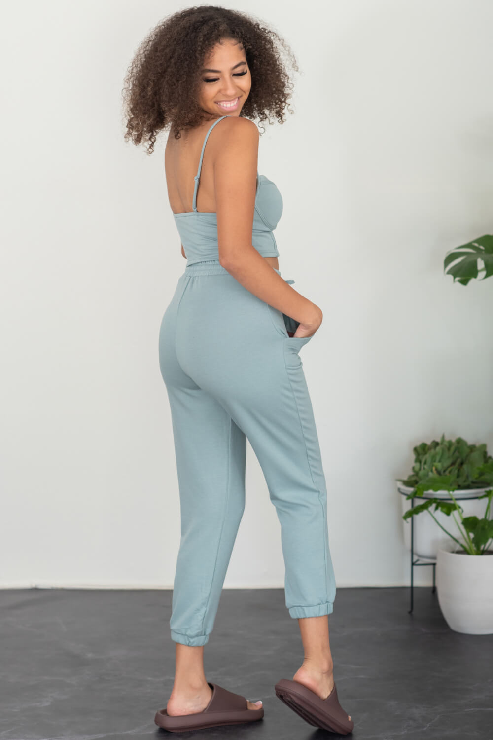 SHOPIRISBASIC Let's Do This Bustier and Joggers Lounge Set in Sage Green -