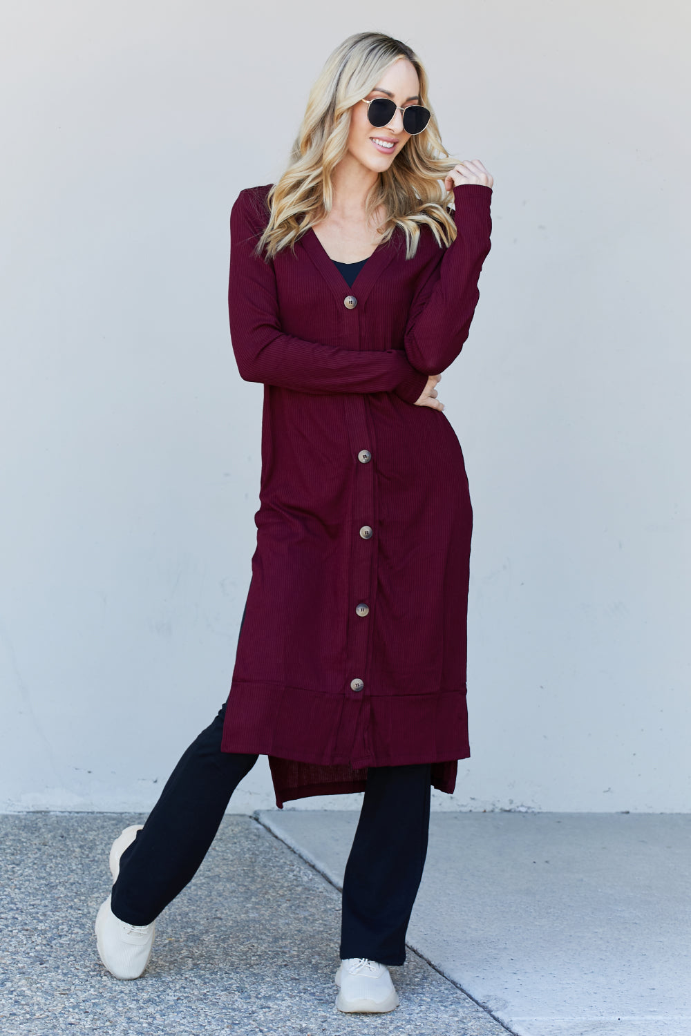 Zenana Autumn Aura Full Size Ribbed Longline Cardigan in Dark Burgundy -