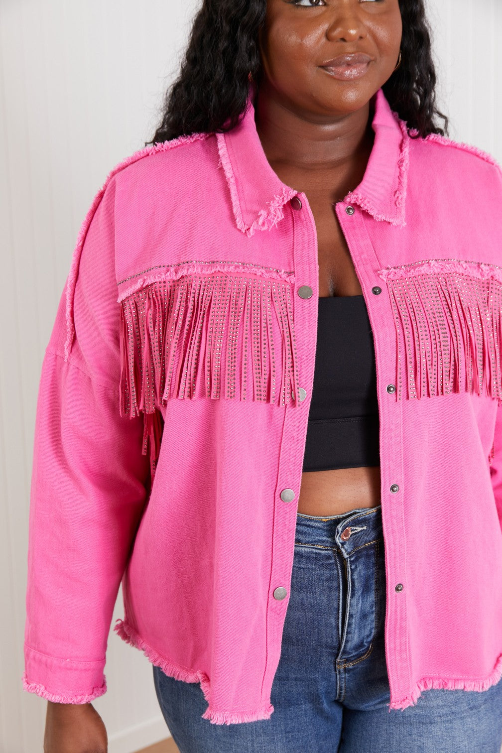 GeeGee Southwest Rhinestone Fringe Detail Shirt Jacket -