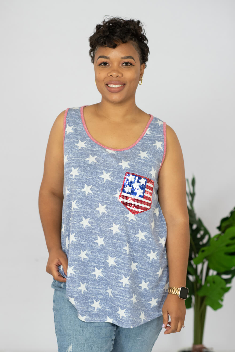 e. Luna Star Spangled Printed Sequin Pocket Tank -