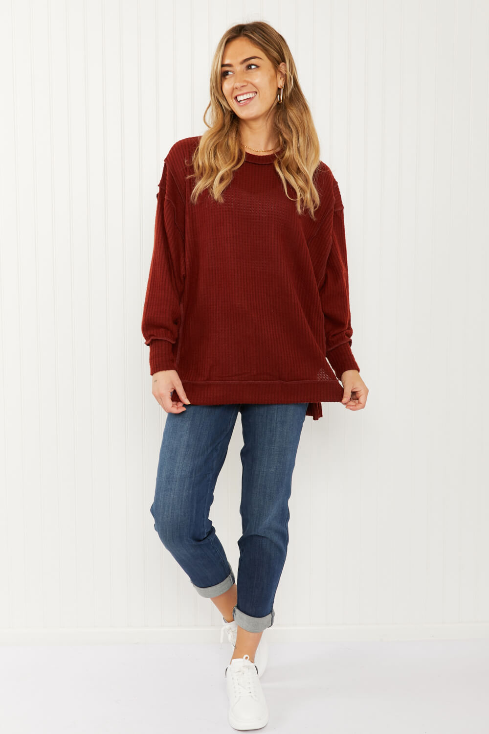 Zenana Alta Heights Full Size Waffle Knit Exposed Seam Sweater -