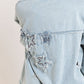 POL Star Patch Distressed Fringe Button-Up Denim Jacket in Light Denim -