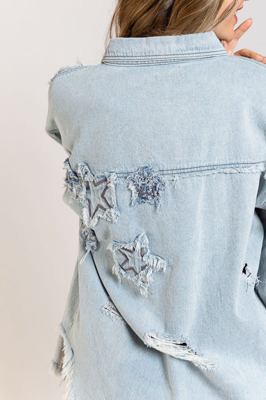 POL Star Patch Distressed Fringe Button-Up Denim Jacket in Light Denim -