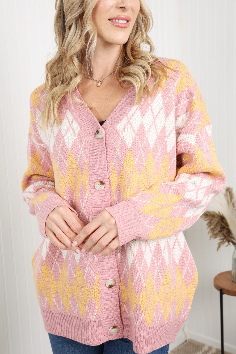 Petal Dew Argyle Button Front Dropped Shoulder Cardigan - Pink/Mustard / S