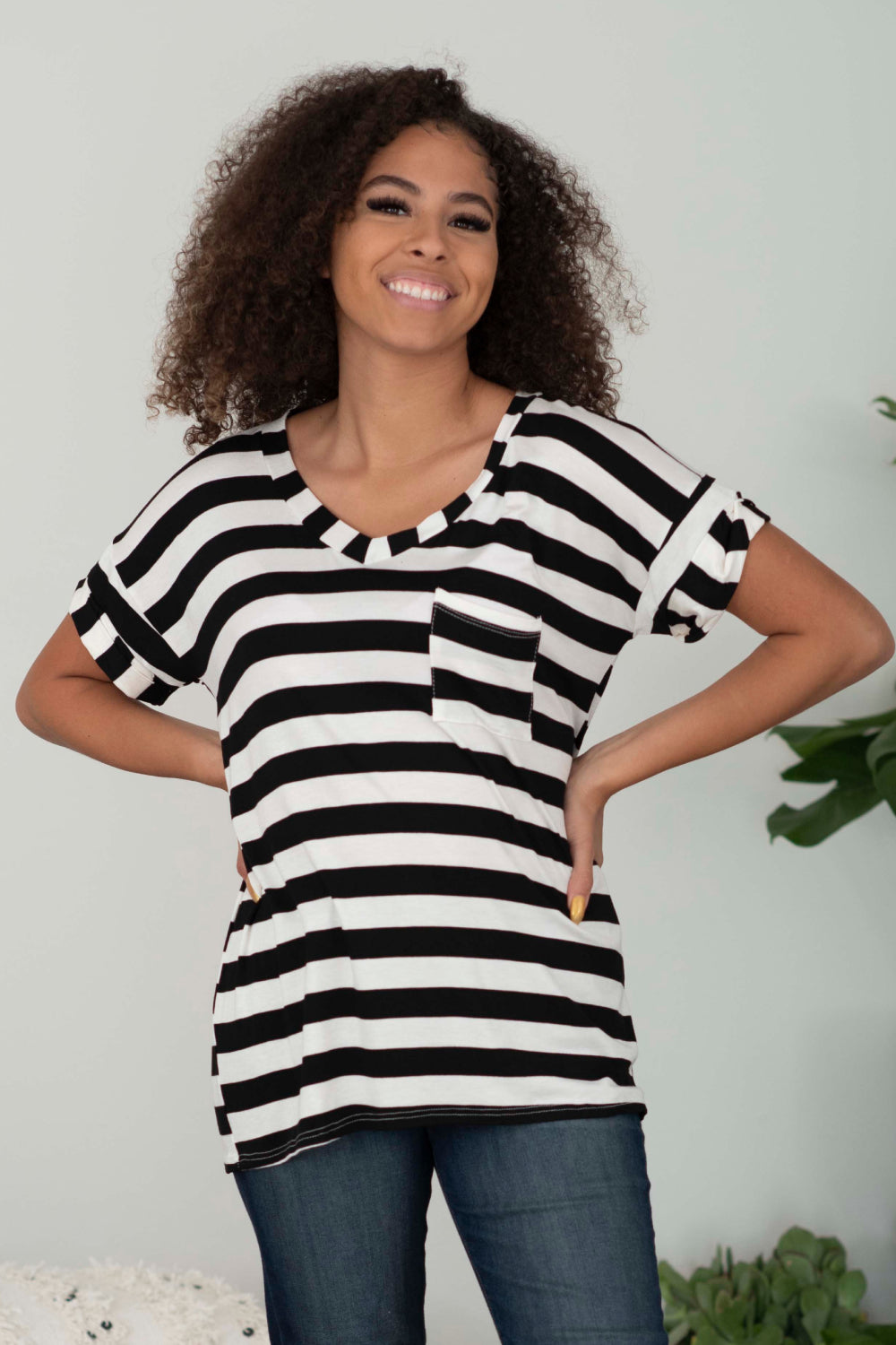 Sew In Love Out and About Striped Pocket Tee in Black and Ivory -