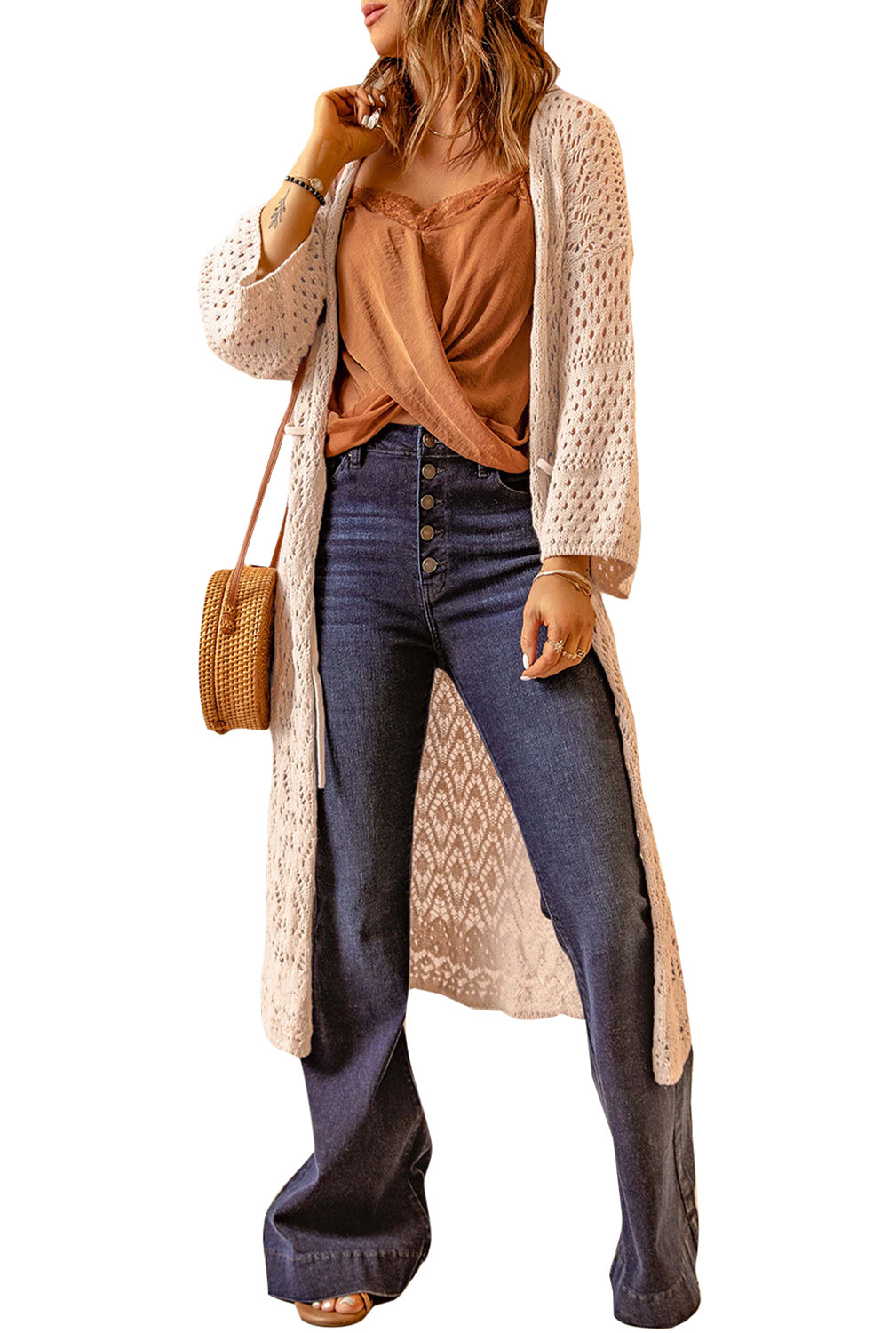 Dropped Shoulder Long Sleeve Crochet Duster Cardigan -