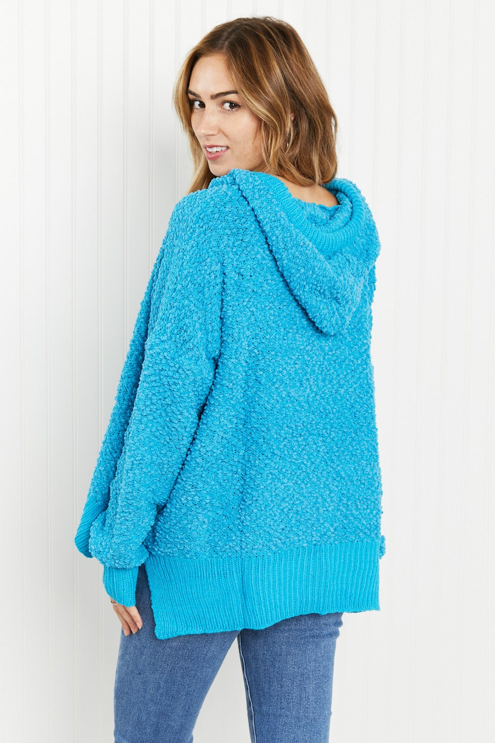 POL Game Night Full Size Textured Knit Hoodie in Pool Blue -