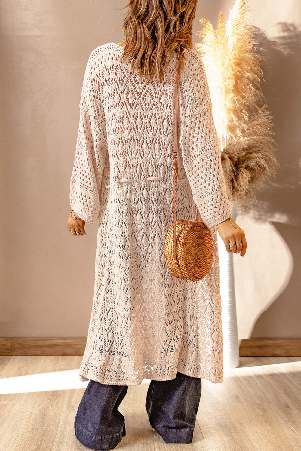 Dropped Shoulder Long Sleeve Crochet Duster Cardigan -