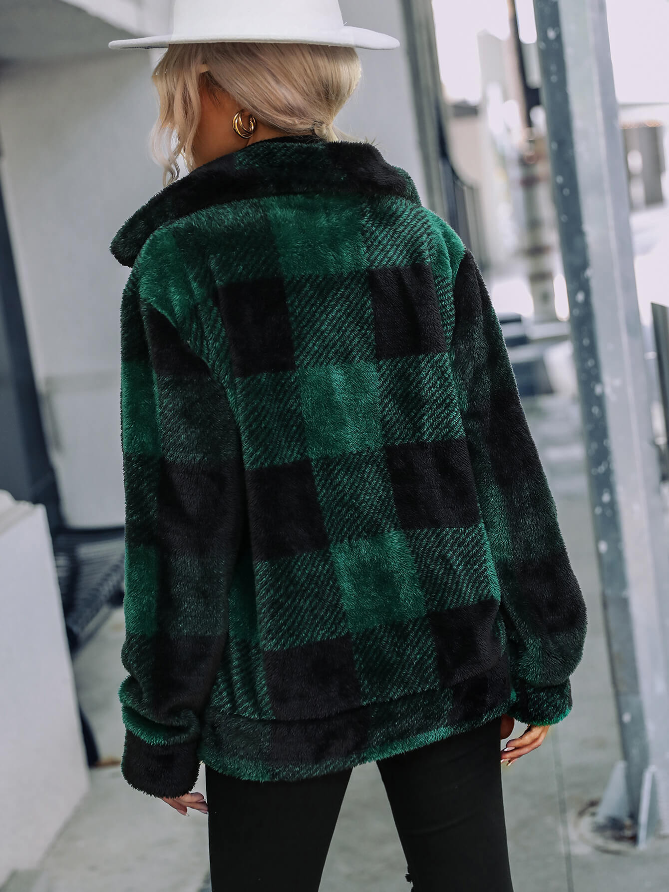 Plaid Zip Up Collared Plush Jacket -